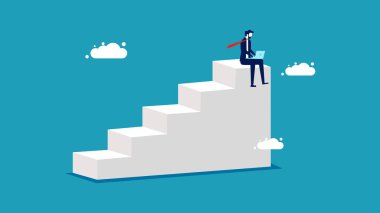 Çalışmada başarı. Büyüyen bir merdiven üzerinde çalışan bir iş adamı. İş konsepti vektör çizimi