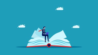 Bilgi başarı yaratır. İş adamı bir kitap üzerinde çalışıyor. İş konsepti. vektör illüstrasyonu