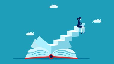 Bilgi başarı yaratır. İş kadını bir kitap üzerinde çalışıyor. İş konsepti. vektör illüstrasyonu