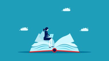 Bilgi başarı yaratır. İş kadını bir kitap üzerinde çalışıyor. İş konsepti. vektör illüstrasyonu