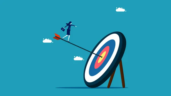 Kaleye git. Hedeflerine ulaşmaya çalışan bir iş kadını. iş konsepti vektör illüstrasyonu