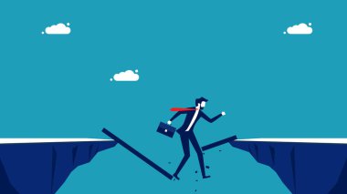 İş krizi. Bir işadamı yıkılmış bir köprüden düşer. iş konsepti vektörü 