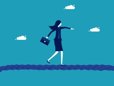 İş kadınının ipte yürümesi riskini göze alamayız. İş konsepti vektör çizimi