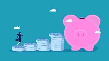 Yatırım ve tasarruf. Büyümesi için yatırım yönetimi. Domuz kumbarası vektörlü gümüş para yığını