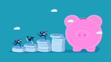 Yatırım ve tasarruf. Büyümesi için yatırım yönetimi. Domuz kumbarası vektörlü gümüş para yığını