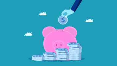 Yatırım ve tasarruf. Büyümesi için yatırım yönetimi. Domuz kumbarası vektörlü gümüş para yığını