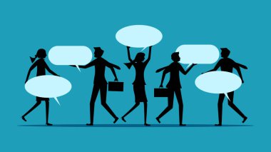 Yorum. İş adamı elinde bir konuşma balonu tutuyor. İş Konsepti Siluet Vektörü İllüstrasyonu