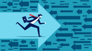 Diğerlerinden farklı. Bir işadamı ok başını takip ederek öne doğru koşar. iş konsepti vektör illüstrasyonu