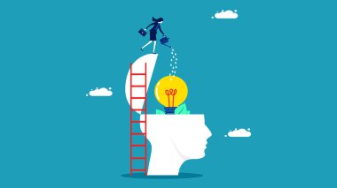  Fikirler geliştir. İş kadınları beyne fikirler yerleştirmek için suyu azaltır. Vektör illüstrasyon iş kavramı