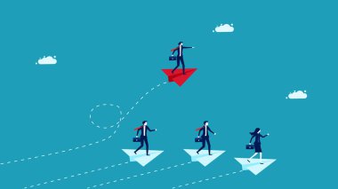 Farklı liderler. Bir iş adamı kırmızı kağıt bir uçakla seyahat eder. iş konsepti vektör illüstrasyonu