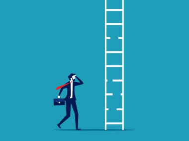 Riskler ve engeller. Çökmüş merdivenlere bakan bir iş adamı. iş konsepti vektörü 