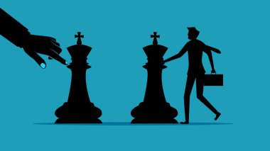İş stratejisi. Satranç oynayan bir iş adamı. Siluet İş Kavram Vektörü illüstrasyonu