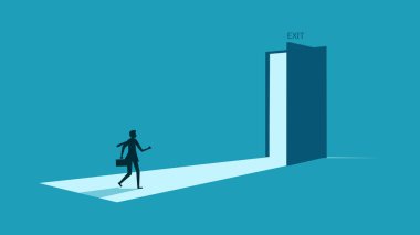 Çözüm ve fırsat. Bir işadamı çıkış kapısı arıyor. iş konsepti vektörü 
