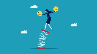 Dengesiz bir askı üzerinde dengelenen dış faktörlerdeki dalgalanmaları kontrol eden iş kadını. iş kavramı 