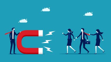 Uyarıcı dikkat. Bir iş adamı mıknatıs ile insanları cezbeder. iş konsepti vektör illüstrasyonu