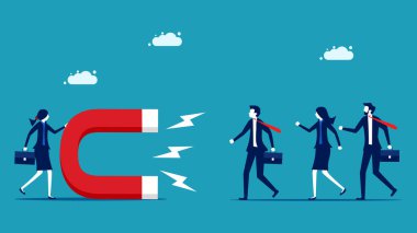 Uyarıcı dikkat. Bir iş kadını mıknatıs ile insanları cezbeder. iş konsepti vektör illüstrasyonu