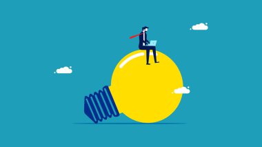 Problem çözmede yaratıcılık. Zeki iş adamı ampulün üstünde oturuyor. iş konsepti vektör illüstrasyonu