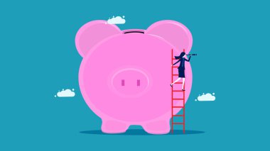 Yatırım vizyonu ve tasarruf. Bir işadamı domuz kumbarasında dürbünle merdiveni tırmanır. iş konsepti vektörü