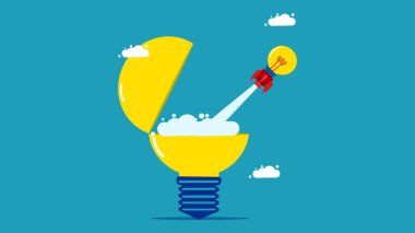 Yeni yenilikleri tanıtıyorum. İşe yaratıcı bir başlangıç. açık ampul konsept vektöründen roket fırlatma