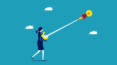 Yeni yenilikleri tanıtıyorum. İşe yaratıcı bir başlangıç. açık ampul konsept vektöründen roket fırlatma