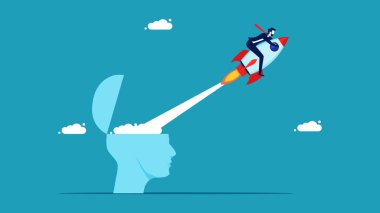 Bir iş kur. İşadamı gökyüzüne bir roket fırlatıyor. iş konsepti vektör illüstrasyonu