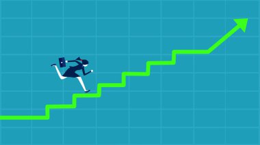 Başarılı bir merdiven yolu. İş kadını merdivenlerden yukarı çıkıyor. vektör illüstrasyonu