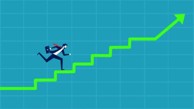 Başarılı bir merdiven yolu. İşadamı merdivenlerden yukarı çıkıyor. vektör illüstrasyonu