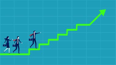 Başarılı bir merdiven yolu. İşadamı merdivenlerden yukarı çıkıyor. vektör illüstrasyonu