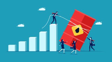 Enerji fiyatlarını yükselt. Bir iş adamı bir petrol tankını yukarı çeker. Yatırım ve iş vektörü