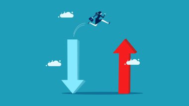 Büyümek için kendini geliştir. Bir iş kadını büyüyen bir ok bulmak için atlar. Yatırım ve iş vektörü