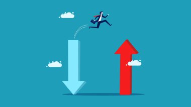 Büyümek için kendini geliştir. Bir iş adamı büyüyen bir ok bulmak için atlar. Yatırım ve iş vektörü