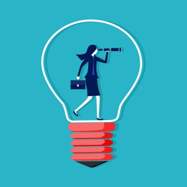 Yaratıcı bir ampulde yaratıcı vizyonu olan bir iş kadını. iş konsepti vektörü