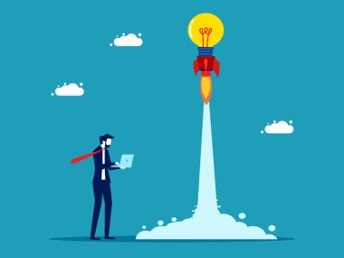 Yaratıcılıkla gelişmeye başla. Ampul gökyüzüne fırlıyor. İş ve yatırım. roket lambası fırlatma vektörü