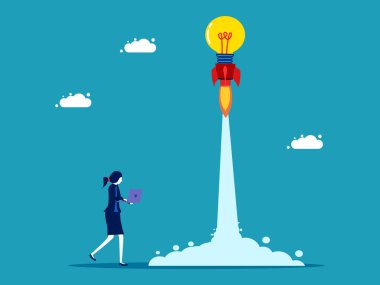 Yaratıcılıkla gelişmeye başla. Ampul gökyüzüne fırlıyor. İş ve yatırım. roket lambası fırlatma vektörü