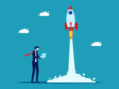 Roket fırlatıldı. Bir iş kur. Roketler gökyüzüne doğru uçuyor. iş ve yatırım konsept vektörü