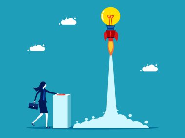 Yaratıcılıkla gelişmeye başla. Ampul gökyüzüne fırlıyor. İş ve yatırım. roket lambası fırlatma vektörü