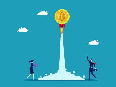 Bitcoin 'i fırlat. Dijital paralar gökyüzüne yükselir. Yatırım konsepti vektör çizimi