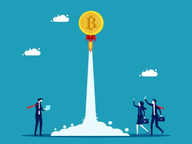 Bitcoin 'i fırlat. Dijital paralar gökyüzüne yükselir. Yatırım konsepti vektör çizimi