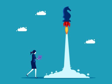 Proaktif bir iş stratejisi başlat. Satranç atı gökyüzüne doğru süzüldü. Finans ve Yatırım vektörü