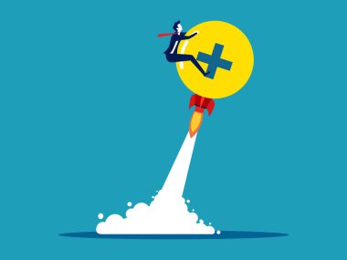 İş adamı olumlu düşünen bir roketle uçağa biniyor. Pozitif bir zihniyet vektörüyle bir işe başlamak