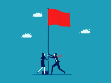 Bir işadamı kırmızı bayrak sallıyor. İş zaferi. iş konsepti vektör illüstrasyonu