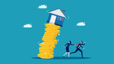 The house fell from a pile of coins. A businessman fled from a falling house. vector illustration