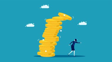  Bir yığın bozuk para düştü. Bir iş kadını bir yığın bozuk paradan kaçtı. vektör illüstrasyonu