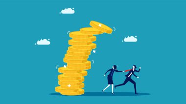 A pile of coins fell. A businessman fled from a pile of falling coins. vector illustration