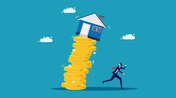 House Fell Pile Coins Businessman Fled Falling House Vector Illustration — Image vectorielle