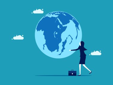 Dünya 'yı tutan iş kadını. küresel işbirliği. iş konsepti vektör illüstrasyonu