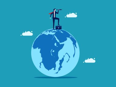 Dürbünle dünyaya bakan bir iş adamı. açık dünya iş konsepti vektörü