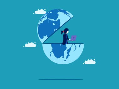 İş kadını dünyada online çalışmak için dizüstü bilgisayar kullanır. açık dünya iş konsepti vektörü