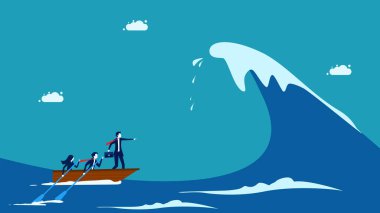 Overcome the crisis. Business leaders overcome the ocean waves. vector illustration