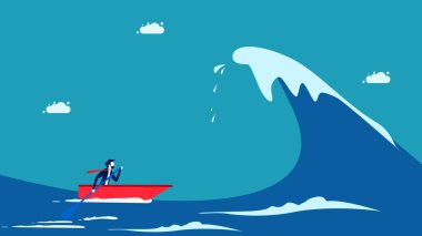 Overcome the crisis. Business leaders overcome the ocean waves. vector illustration